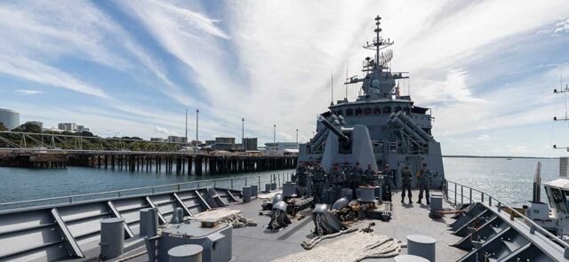 HMAS Parramatta departs Fort Hill Wharf in Darwin, Northern Territory, to begin a deployment throughout Southeast Asia.