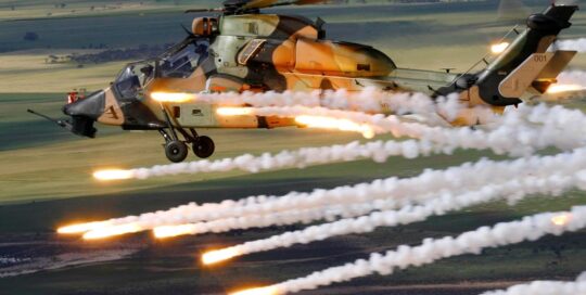 ADF helicopter deploying flares over Port Wakefield proof and experimental area