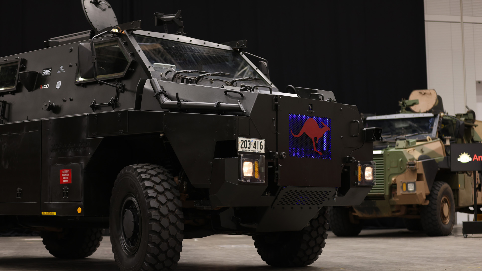 A Bushmaster Electric Protected Mobility Vehicle after being unveiled during the Chief of Army Symposium 2022.