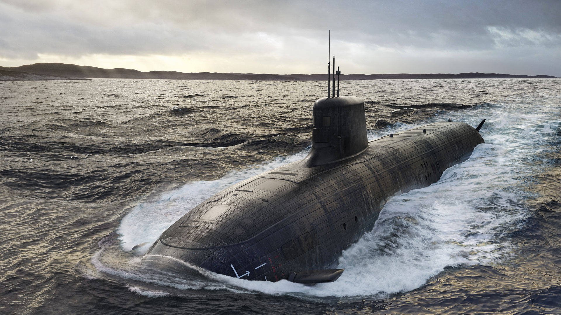 Nuclear-powered submarine on the surface of the ocean