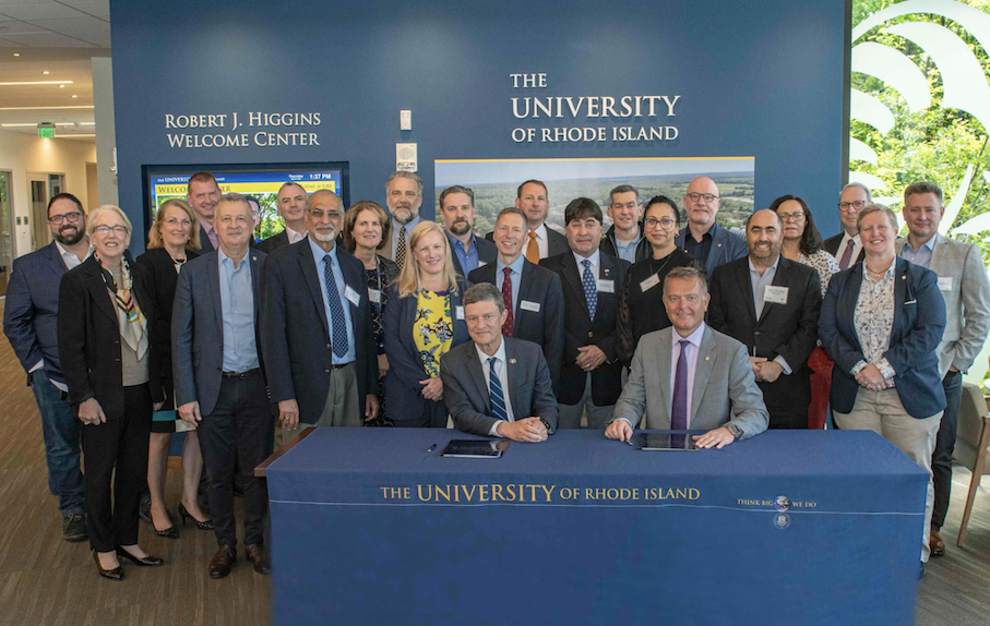 University of Rhode Island President Professor Marc Parlange (seated, left) and Flinders University President and Vice Chancellor Professor Colin Stirling (seated, right) formalize a research and education partnership in support of AUKUS. (URI Photo/Nora Lewis).