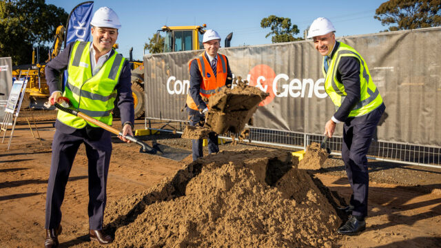 L-R CG Chair Jamie McClug Babcock Australasia CEO Andrew Cridland and SA Premier Peter Malinauskas at the recent sod turn for Babcock's $31m Torrens Rd facility