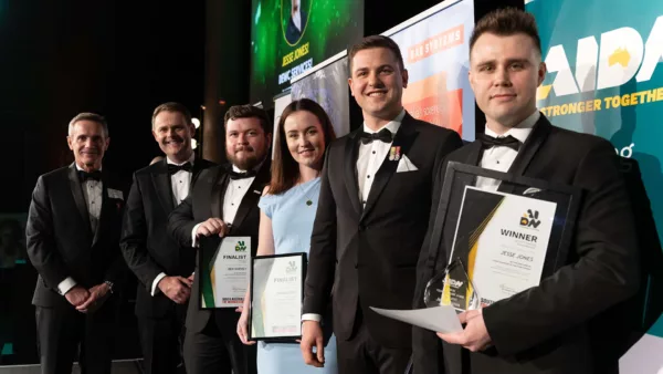 Defence SA Chief Executive Officer, Matt Opie, Ben Harvey of SAHR, Carissa Ionni of Aurecon, Matthew Majewski of BAE Systems Australia, The Hon. Stephen Mullighan, Minister for Defence and Space Industries, Minister for Police, Member for Lee, AIDN SA President, Graham Priestnall and 2025 AIDN SA Young Achiever of the Year Winner - Jess Jones of DEWC Services.
