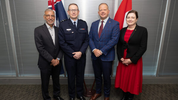 (L-R) Mr Jaspinder Komal, Assistant Deputy Minister, Defence Research and Development Canada, Air Vice-Marshal David Scheul, Air Defence and Space Systems Division, Capability Acquisition and Sustainment Group, Mr. Ross Ermel, Assistant Deputy Minister and Defence Chief Digital Officer, Digital Services, National Defence Canada, and Chief Defence Scientist Professor Tanya Monro after the signing of a Project Arrangement between Australia and Canada.