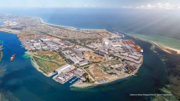 Artist impression of the Osborne Naval Shipyard shown from an aerial perspective, featuring industrial buildings, docks and surrounding coastline.