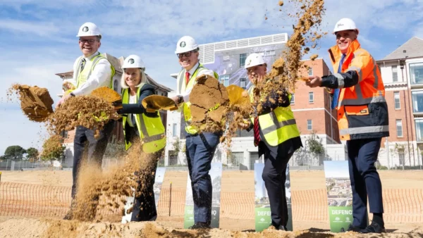 Chris Picton MP, Di Dixon, Pat Conroy, Craig Lockhart and Premier Peter Malinauskas turn the sod at the location of Lot Fourteen's new innovation centre, Defence HQ