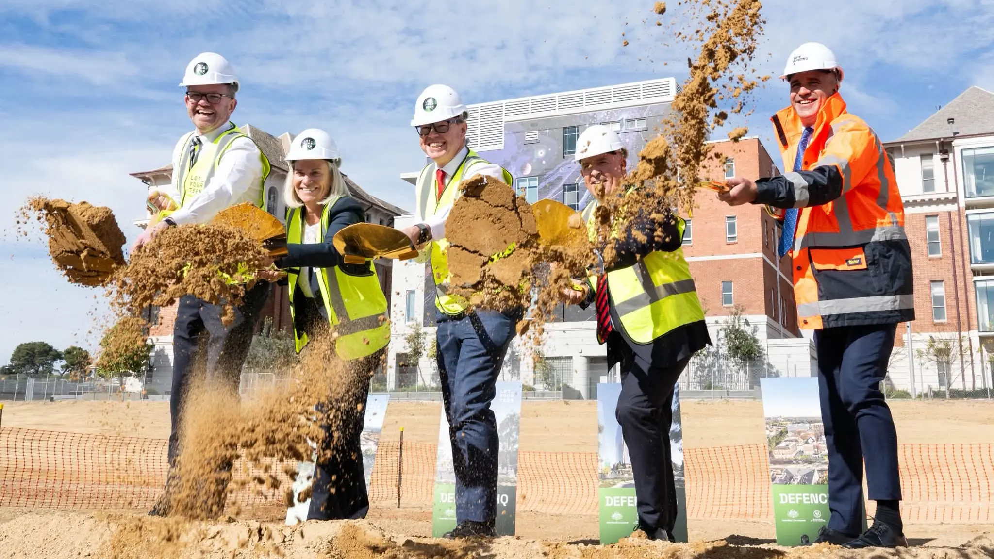 Chris Picton MP, Di Dixon, Pat Conroy, Craig Lockhart and Premier Peter Malinauskas turn the sod at the location of Lot Fourteen's new innovation centre, Defence HQ
