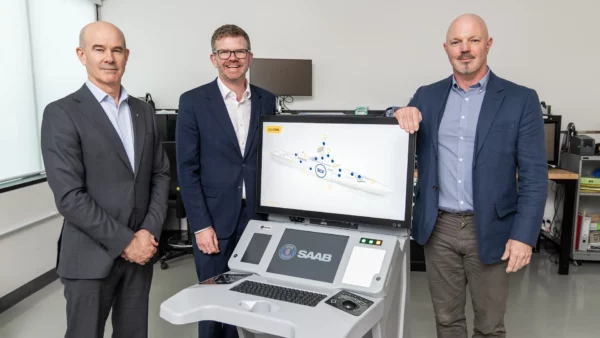 Saab Australia Managing Director, Andy Keough CSC (L), Minister for Defence and Space Industries, Chris Picton (C), and Head of Hardware & Group Technical Authority at Saab, John Cartwright (R)