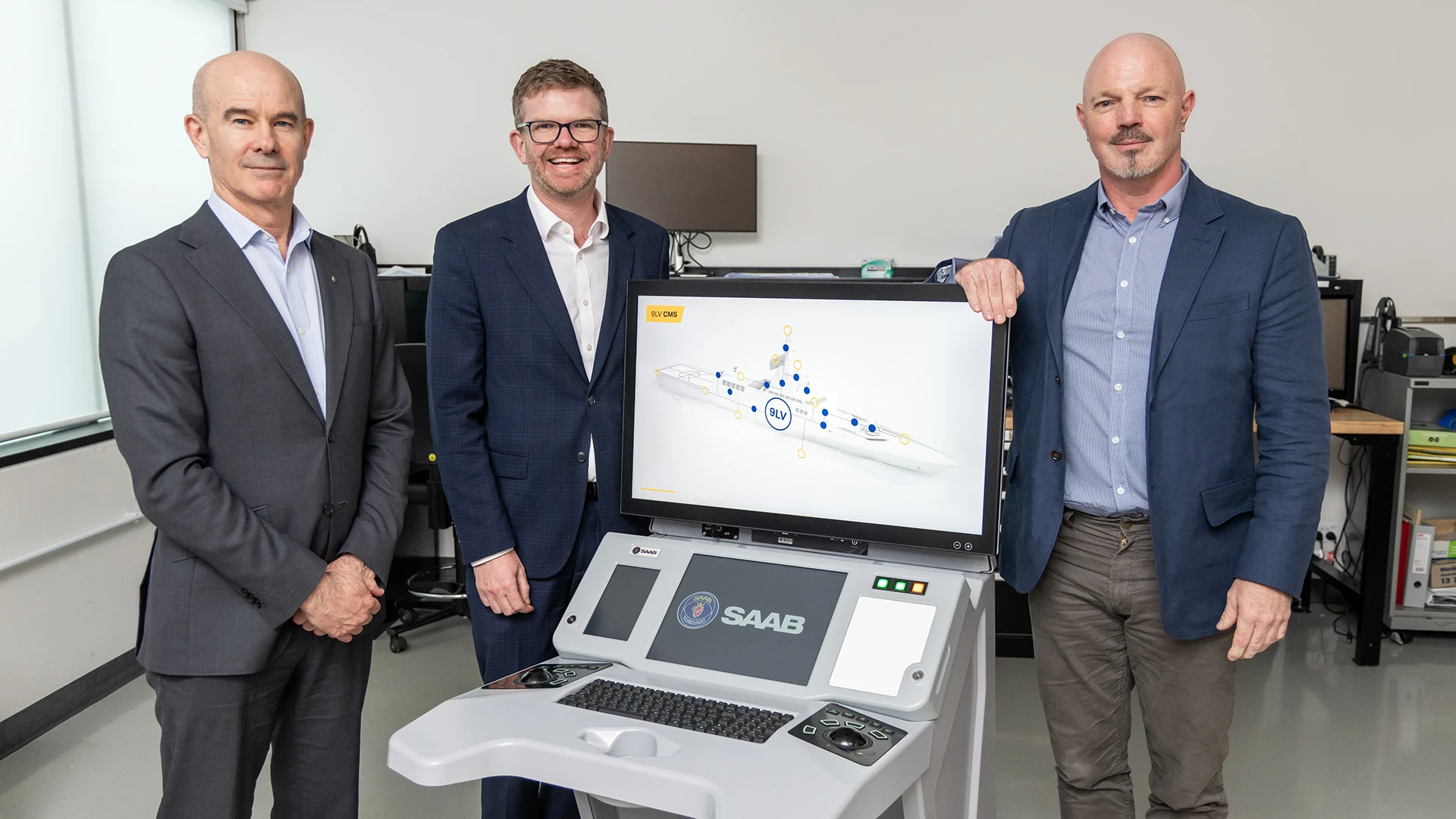 Saab Australia Managing Director, Andy Keough CSC (L), Minister for Defence and Space Industries, Chris Picton (C), and Head of Hardware & Group Technical Authority at Saab, John Cartwright (R)